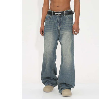 Stonewashed Blue Loose Fit Wide Leg Denim Jeans for Men