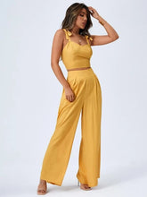 Load image into Gallery viewer, Yellow Two Piece Open Back Suspender Top with High Rise Wide Leg Pants