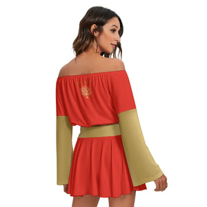 Yahuah-Tree of Life 01 Elected Designer Two Piece Cropped Off Shoulder Bell Sleeve Top and Pleated Mini Skirt Set