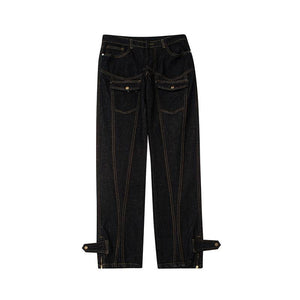 Retro Heavyweight Multi-pocket Sraight Leg Male Denim Jeans (Black/Blue)