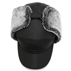 Fleece Lined Curve Brim Trapper Hat with Face Mask (Black/Blue/Gray)