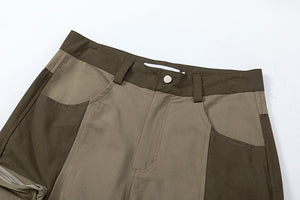 Khaki Color Matching Multi-pocket Wide Leg Denim Jeans for Men