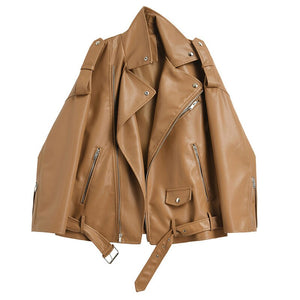 Loose Fit Pu Leather Brown Oversized Lapel Collar Jacket for Women (3 colors)