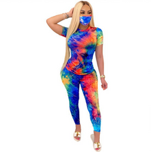 Load image into Gallery viewer, Three Piece Short Sleeve Tie Dye Sweatpants and Face Mask Set