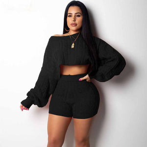 Two Piece Long Sleeve Knit Sweater and Bodycon Shorts Set