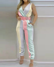 Load image into Gallery viewer, Printed Sleevelees V-neck Belted Closed Bottom Jumpsuit (3 styles)