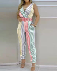 Printed Sleevelees V-neck Belted Closed Bottom Jumpsuit (3 styles)