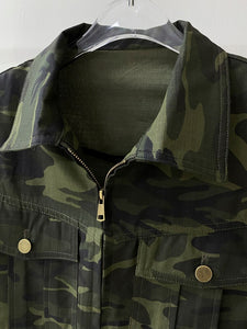 Camouflage Lapel Collar Zip Up Denim Vest for Women