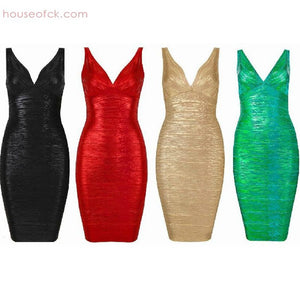 Sleeveless Deep V-neck Foil Print Bandage Midi Dress (4 colors)
