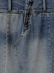 Vintage Blue Panel Zip Pocket Split Hem Denim Midi Skirt