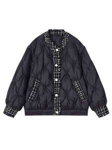 Cashmere Padded Single-breasted Patchwork Rhombic Lattice Varsity Jacket for Women