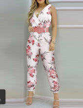 Load image into Gallery viewer, Printed Sleevelees V-neck Belted Closed Bottom Jumpsuit (3 styles)