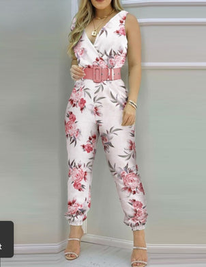 Printed Sleevelees V-neck Belted Closed Bottom Jumpsuit (3 styles)