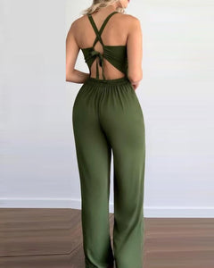 Green Hollow Out Slim Fit Suspender Jumpsuit