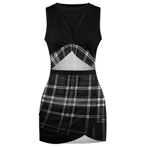 TRP Twisted Patterns 06: Digital Plaid 01-06A Navel-Baring Cross Fit Hip Wrap Mini Dress