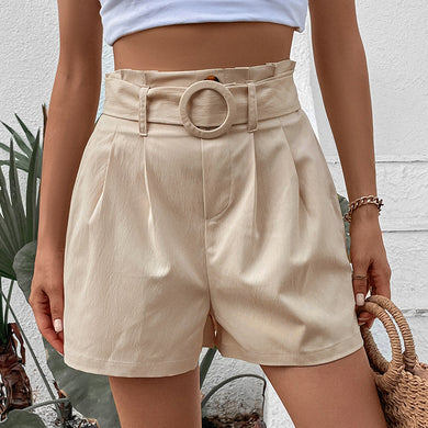 High Waist Pleated Belted Shorts (Apricot Color)