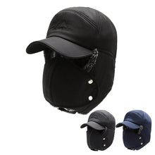 Load image into Gallery viewer, Fleece Lined Curve Brim Trapper Hat with Face Mask (Black/Blue/Gray)