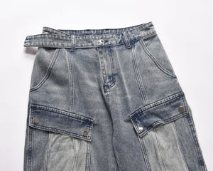 Street Retro Washed Pleated Slightly Flared Wide Leg Male Multipocket Denim Jeans