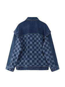 Vintage Patchwork Checker Denim Jacket for Women
