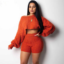 Load image into Gallery viewer, Two Piece Long Sleeve Knit Sweater and Bodycon Shorts Set