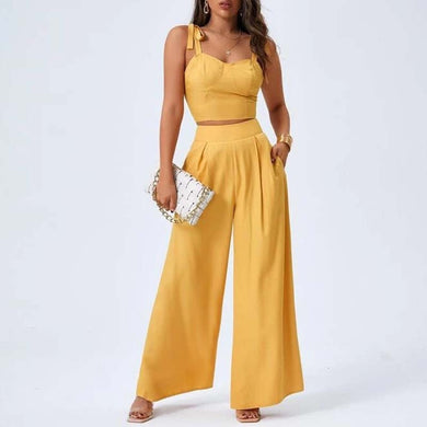 Yellow Two Piece Open Back Suspender Top with High Rise Wide Leg Pants
