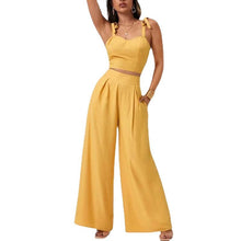 Load image into Gallery viewer, Yellow Two Piece Open Back Suspender Top with High Rise Wide Leg Pants