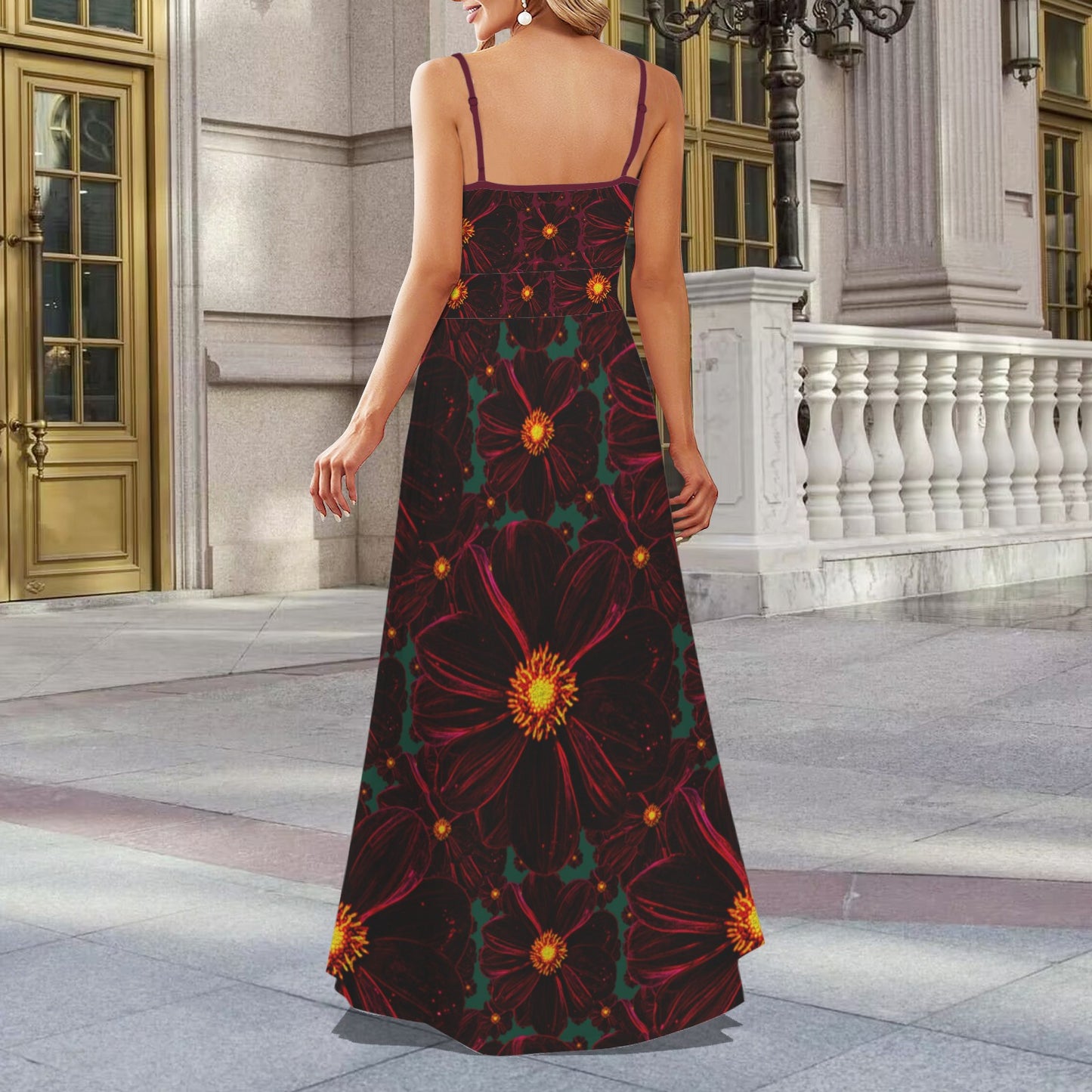 TRP Floral Print 02-02 Midnight Bishop of Aukland Dahlia Spaghetti Strap V-neck Split Maxi Dress