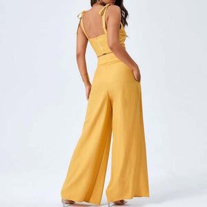 Yellow Two Piece Open Back Suspender Top with High Rise Wide Leg Pants