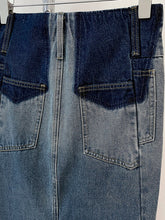 Load image into Gallery viewer, Vintage Blue Panel Zip Pocket Split Hem Denim Midi Skirt