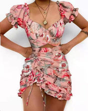 Load image into Gallery viewer, Hollow Out Printed V-neck Puff Short Sleeve Ruffle Trim Drawstring Mini Dress (4 colors)