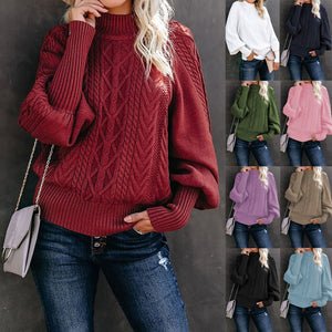 Mock Neck Solid Color Lantern Sleeve Sweater (13 colors)
