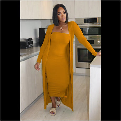 Solid Tube Bodycon Midi Dress and Cardigan Two Piece Set (10 colors)