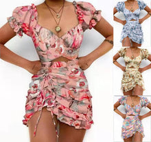 Load image into Gallery viewer, Hollow Out Printed V-neck Puff Short Sleeve Ruffle Trim Drawstring Mini Dress (4 colors)