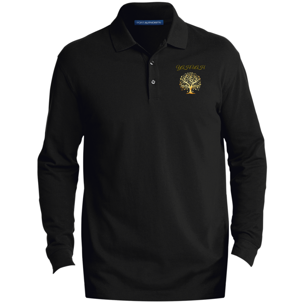 Yahuah-Tree of Life 01 Men's Designer EZCotton™ Long Sleeve Three Button Polo Shirt (Black/Navy Blue)
