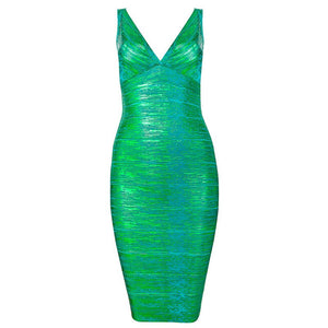 Sleeveless Deep V-neck Foil Print Bandage Midi Dress (4 colors)