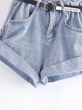 Load image into Gallery viewer, Slim Fit High Waist Roll Cuff Denim Shorts with Belt (Khaki, Denim Blue, Dark Grey)
