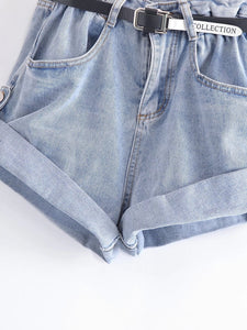 Slim Fit High Waist Roll Cuff Denim Shorts with Belt (Khaki, Denim Blue, Dark Grey)
