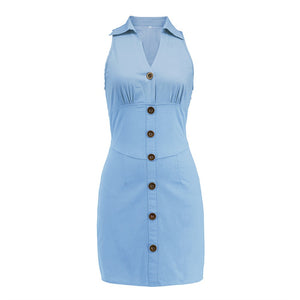 Sleeveless Collared V-neck Denim Button Front Detail Office Mini Dress (3 colors)
