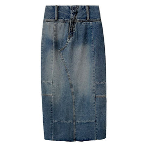 Vintage Blue Panel Zip Pocket Split Hem Denim Midi Skirt