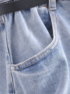 Slim Fit High Waist Roll Cuff Denim Shorts with Belt (Khaki, Denim Blue, Dark Grey)