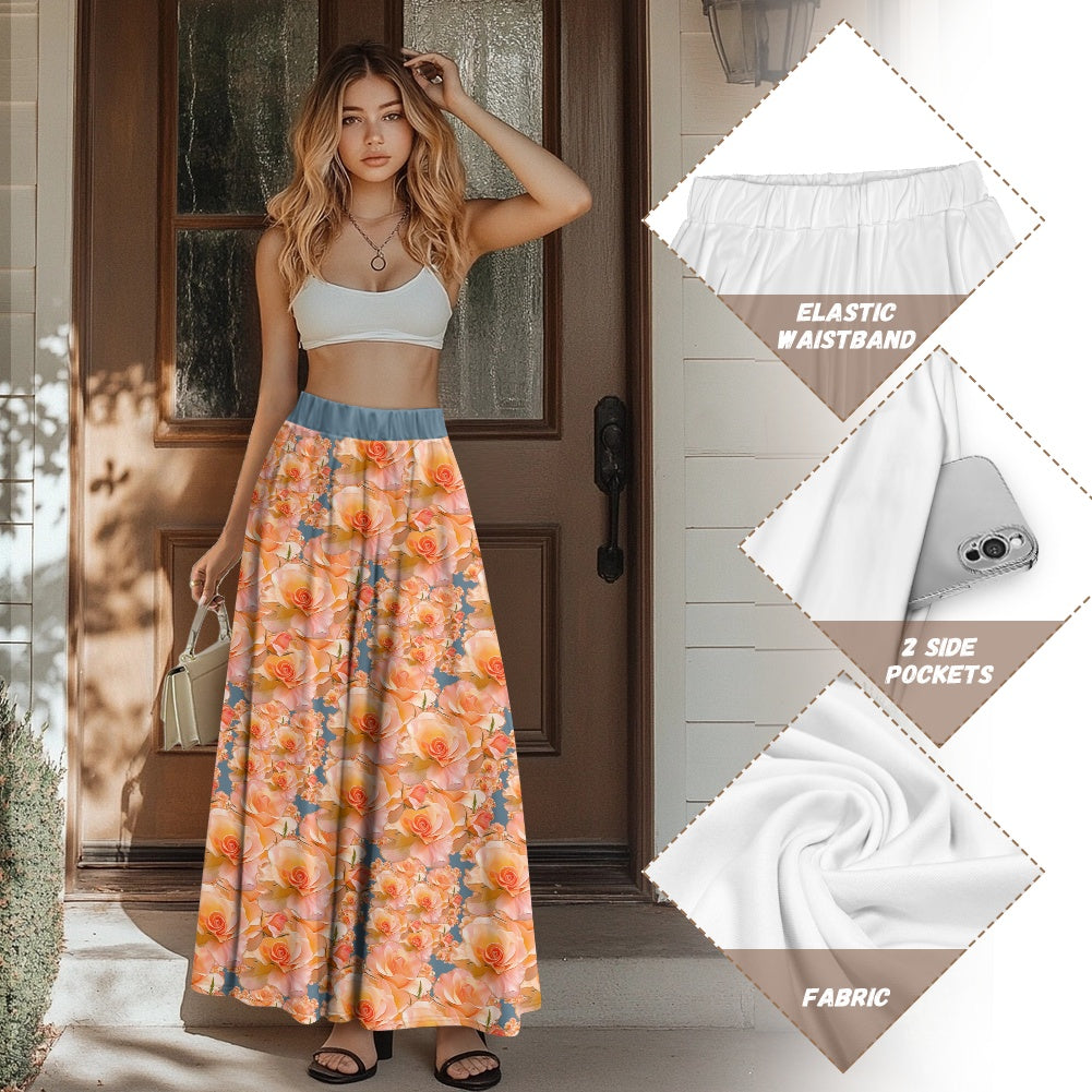 Floral Embosses: Roses 03-01 "Apricot Bloom Essential" Double Pocket A-line Maxi Skirt