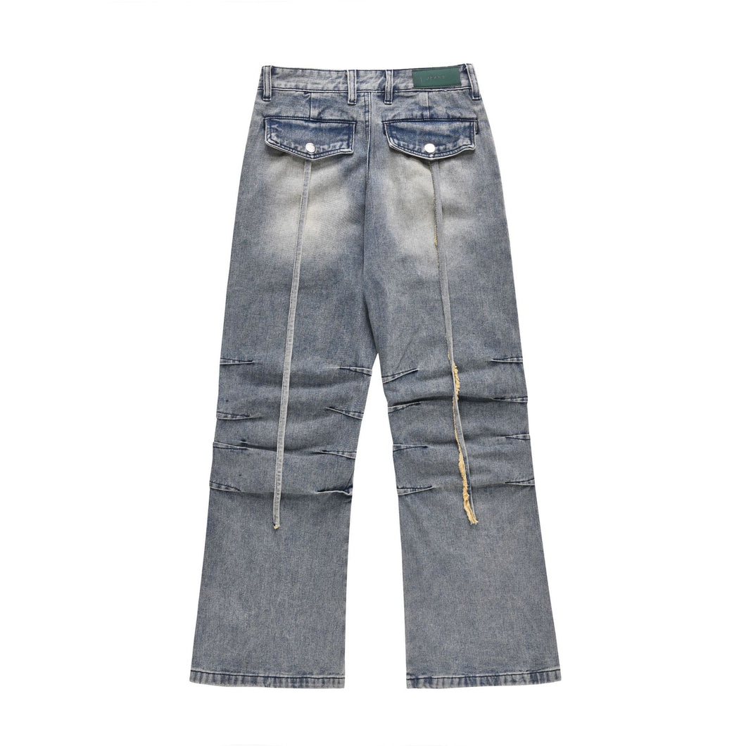 Street Retro Washed Pleated Slightly Flared Wide Leg Male Multipocket Denim Jeans