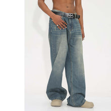 Load image into Gallery viewer, Stonewashed Blue Loose Fit Wide Leg Denim Jeans for Men