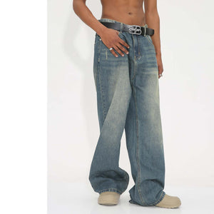 Stonewashed Blue Loose Fit Wide Leg Denim Jeans for Men