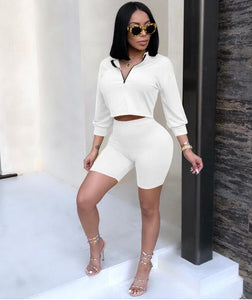 Two Piece Cropped Turn Collar High Waist Pencil Shorts Set