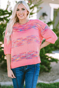 Fuchsia Pink Heathered Round Neck Half Sleeve Sweater