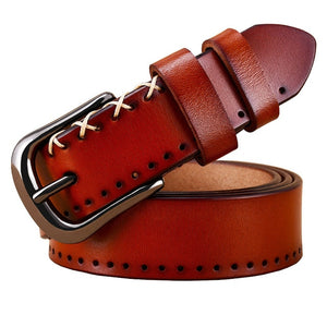 Genuine Leather Stitching Detail Thin Pin Buckle Lady Belt