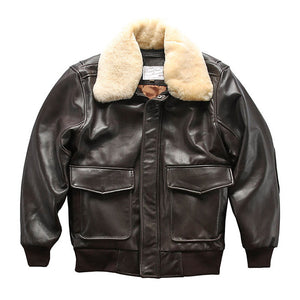 Sheepskin Leather Male Bomber Jacket Wool Collar