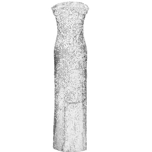 Glitter Detailed Draped Strapless Slit Bodycon Maxi Dress