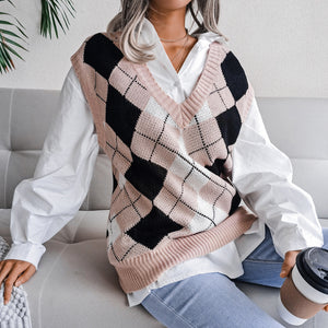 College Style Diamond V-Neck Loose Knit Lady Vest Sweater